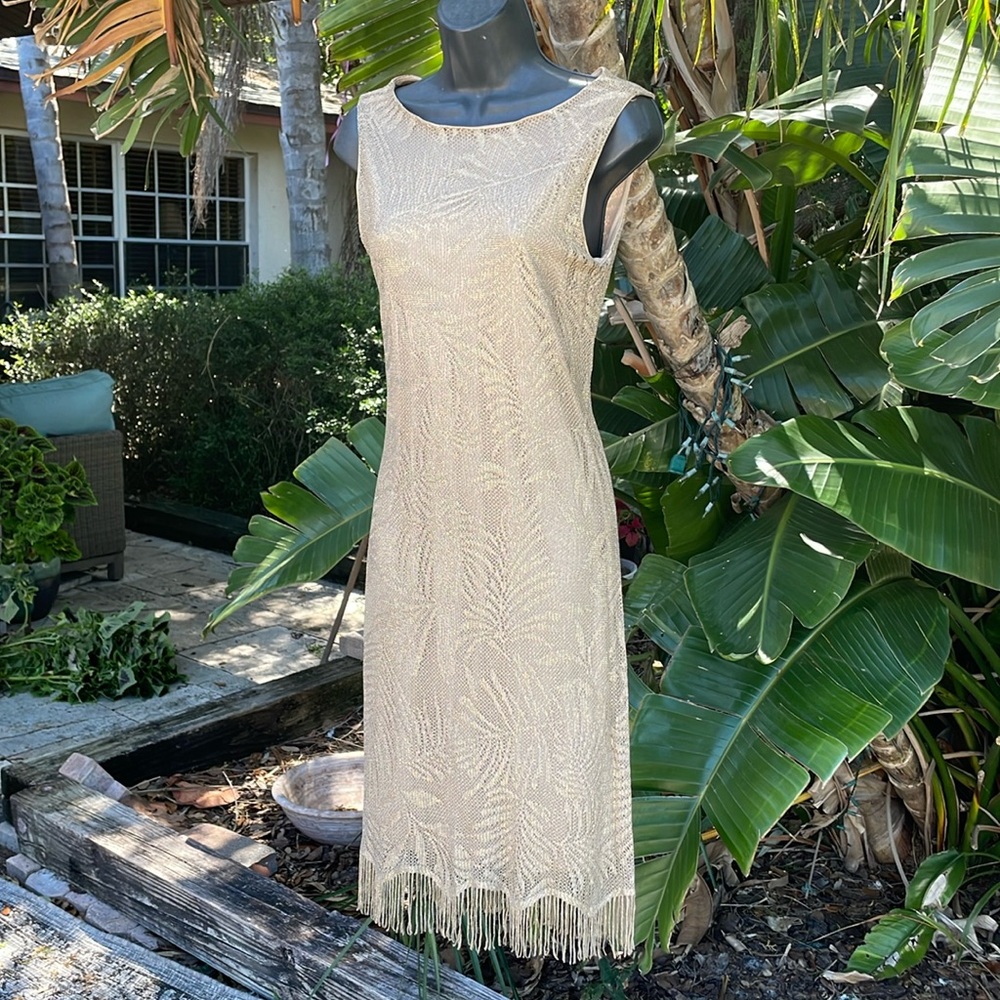 gold sparkle,lace mesh fringed sheath dress